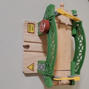 Wooden Train Bridge Toy with Green and Yellow Accents